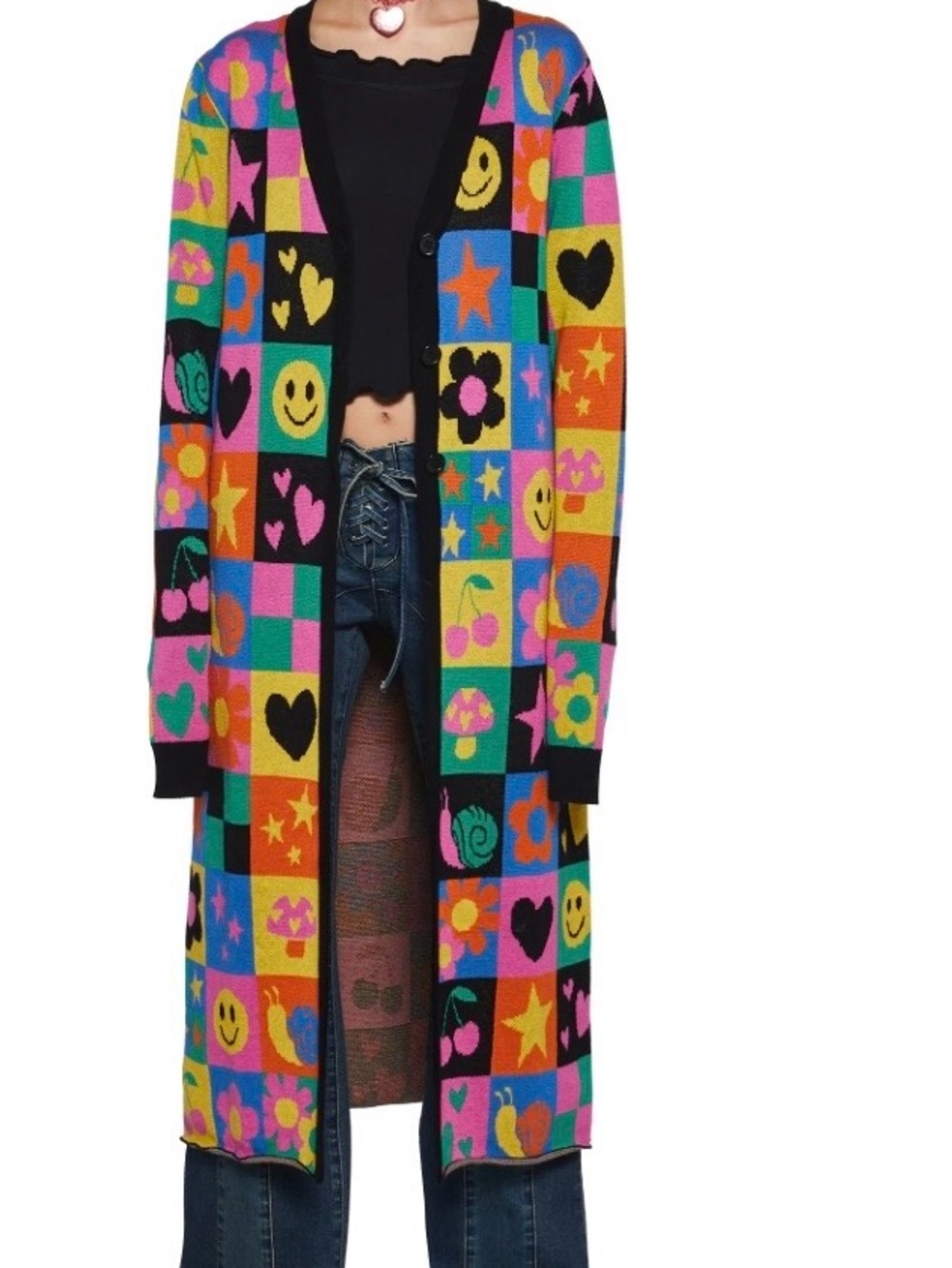 Delia's Patchwork Intarsia Long Cardigan - Rainbo...